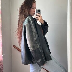 Vintage Worn Leather Bomber Jacket Black Oversized Faded Black Biker Moto Large